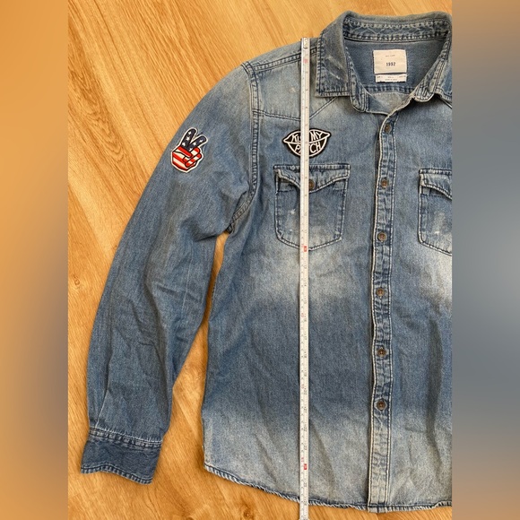 Zara denim shirt patches distressed unisex large button up boho Zip Code 1992 - Picture 6 of 13